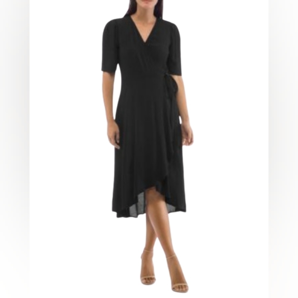 NWT Bobeau Black High Low Wrap Dress Size M Sheer Elbow Sleeves Classy Elegant